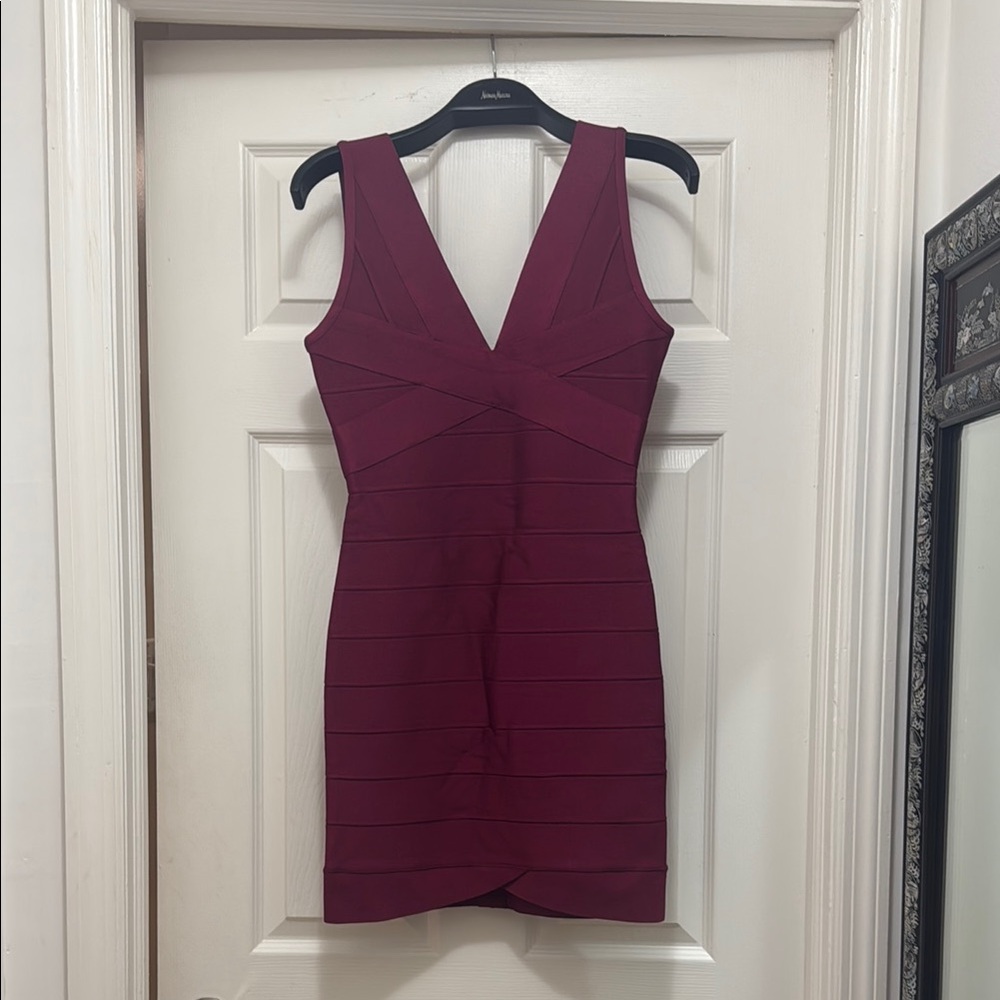 Herve Leger Red/Raspberry Sleeveless V-Neck Bodycon Dress